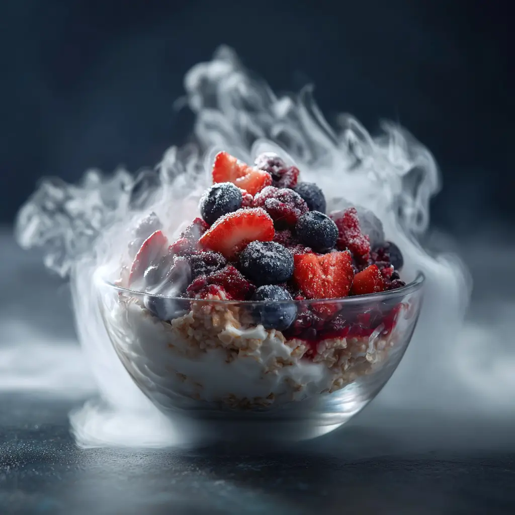Liquid Nitrogen Oats with Frozen Berries and Swirling Vapor