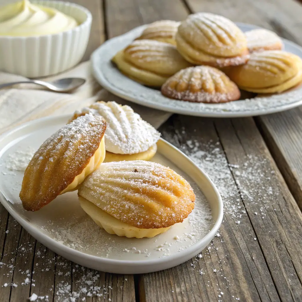 madeleine cookies with cream on wooden table
