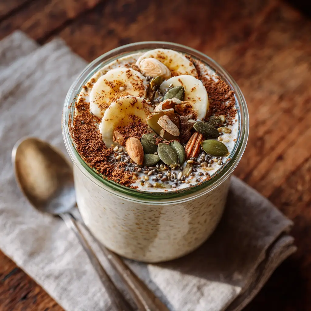 Magnesium overnight oats in a jar topped with banana slices, pumpkin seeds, chia seeds, and cocoa powder