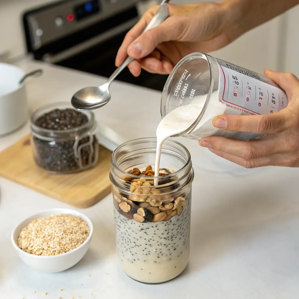 preparing vegan no‑powder overnight oats in a jar