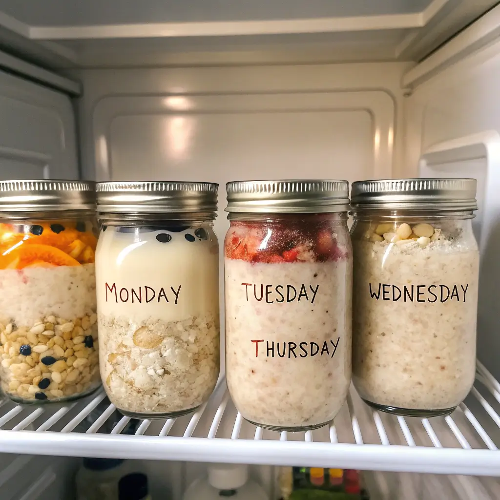 Meal prepped adaptogenic overnight oats in fridge