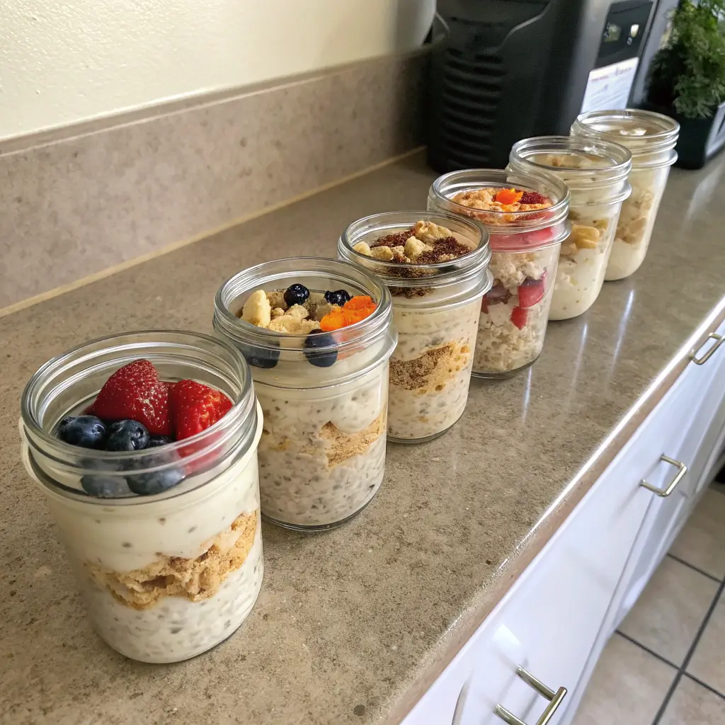 Meal prep jars of casein yogurt overnight oats