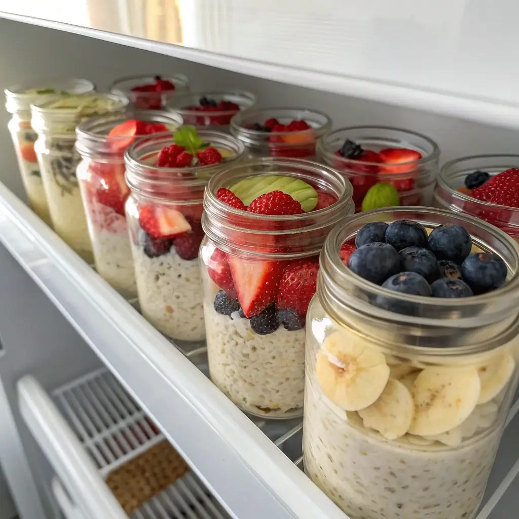 Meal prep jars of electrolyte overnight oats in fridge