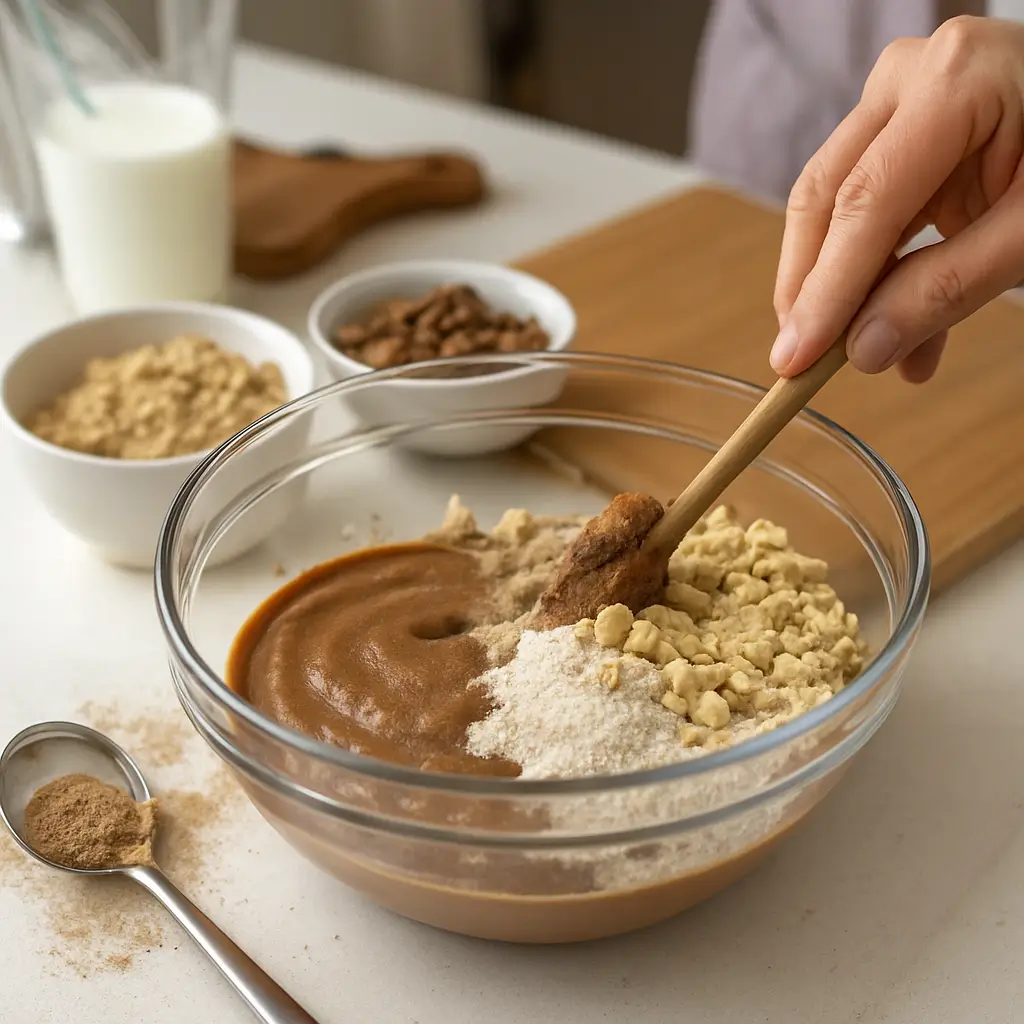 Mixing ingredients for chocolate peanut butter overnight oats