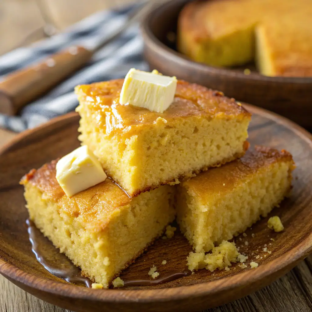 Moist golden sweet cornbread with melted butter