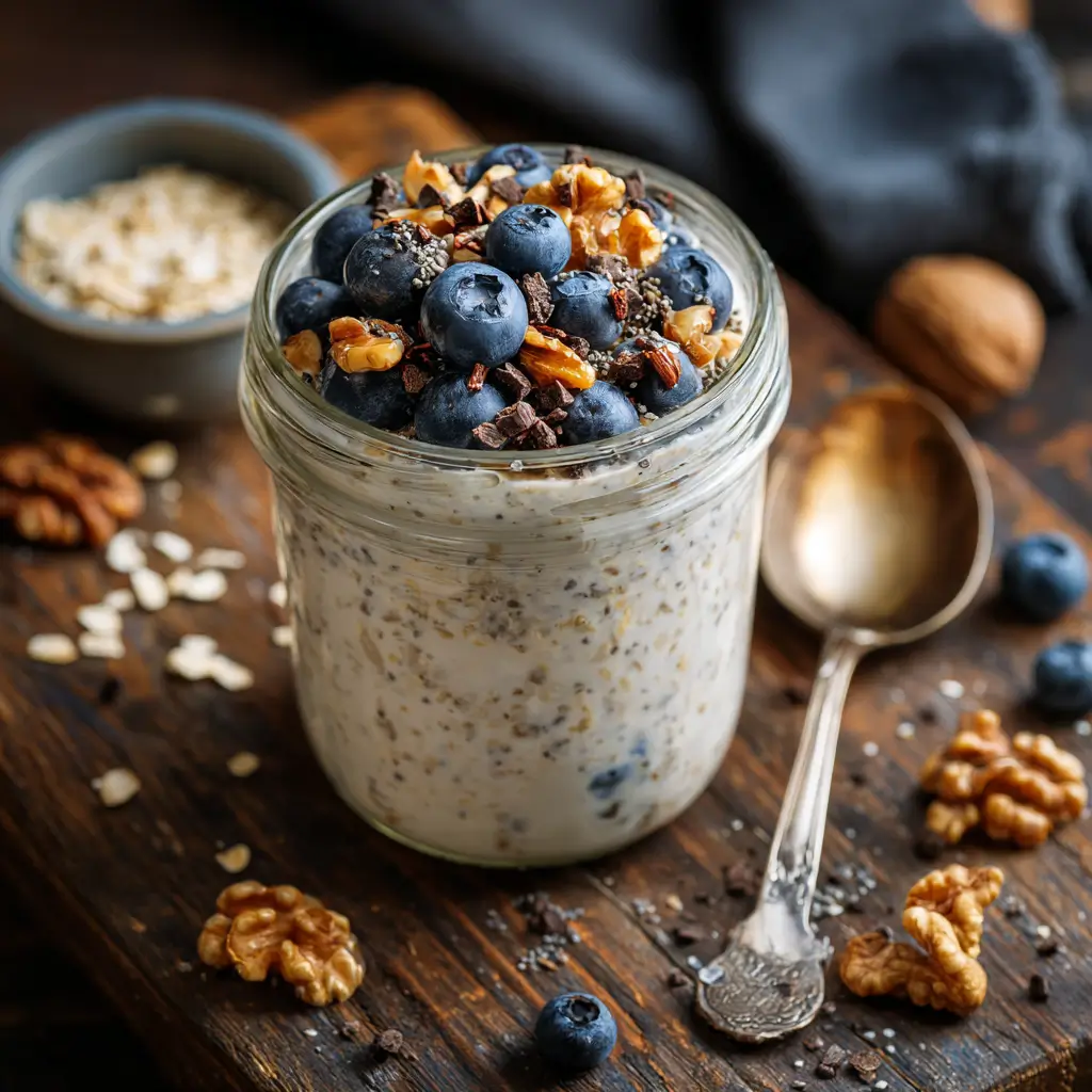 Nootropic morning oats in a jar topped with blueberries, walnuts, chia seeds, and cacao nibs