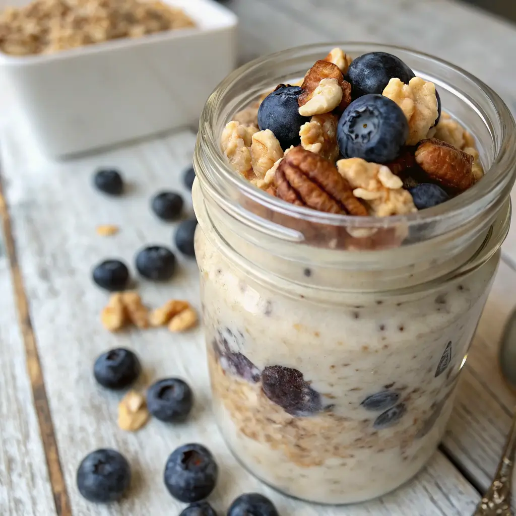 overnight nootropic morning oats with blueberries and almond milk
