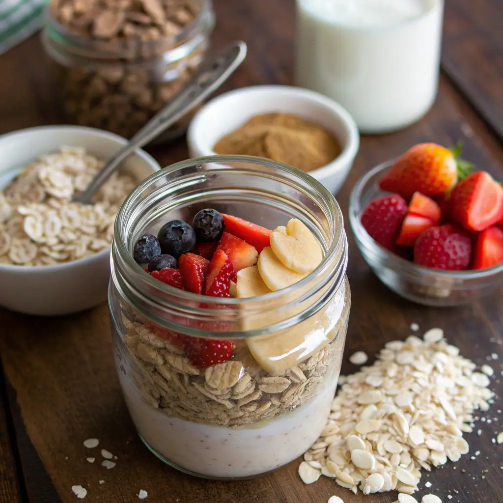 Ingredients for a 3 layer overnight oats jar