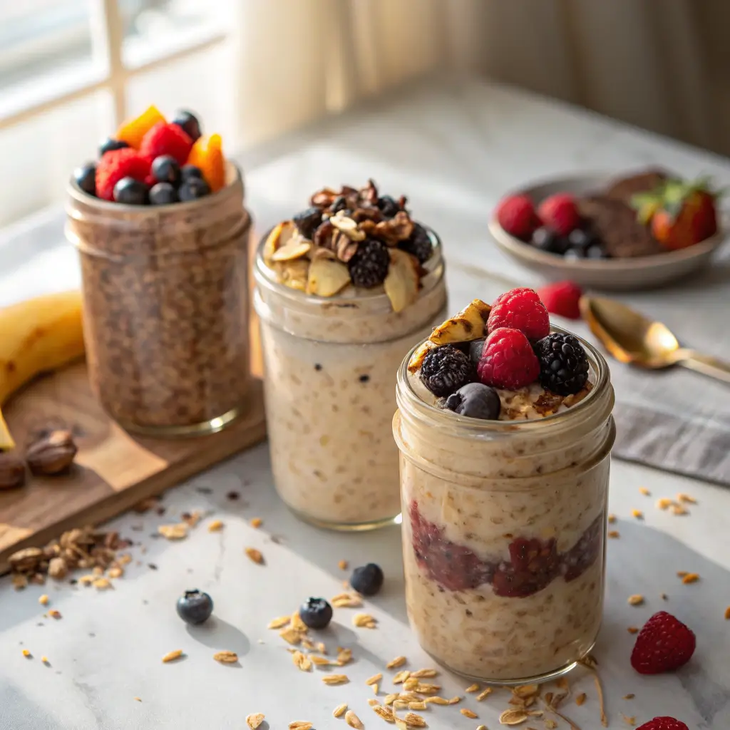 three jars of flavored no sugar overnight oats