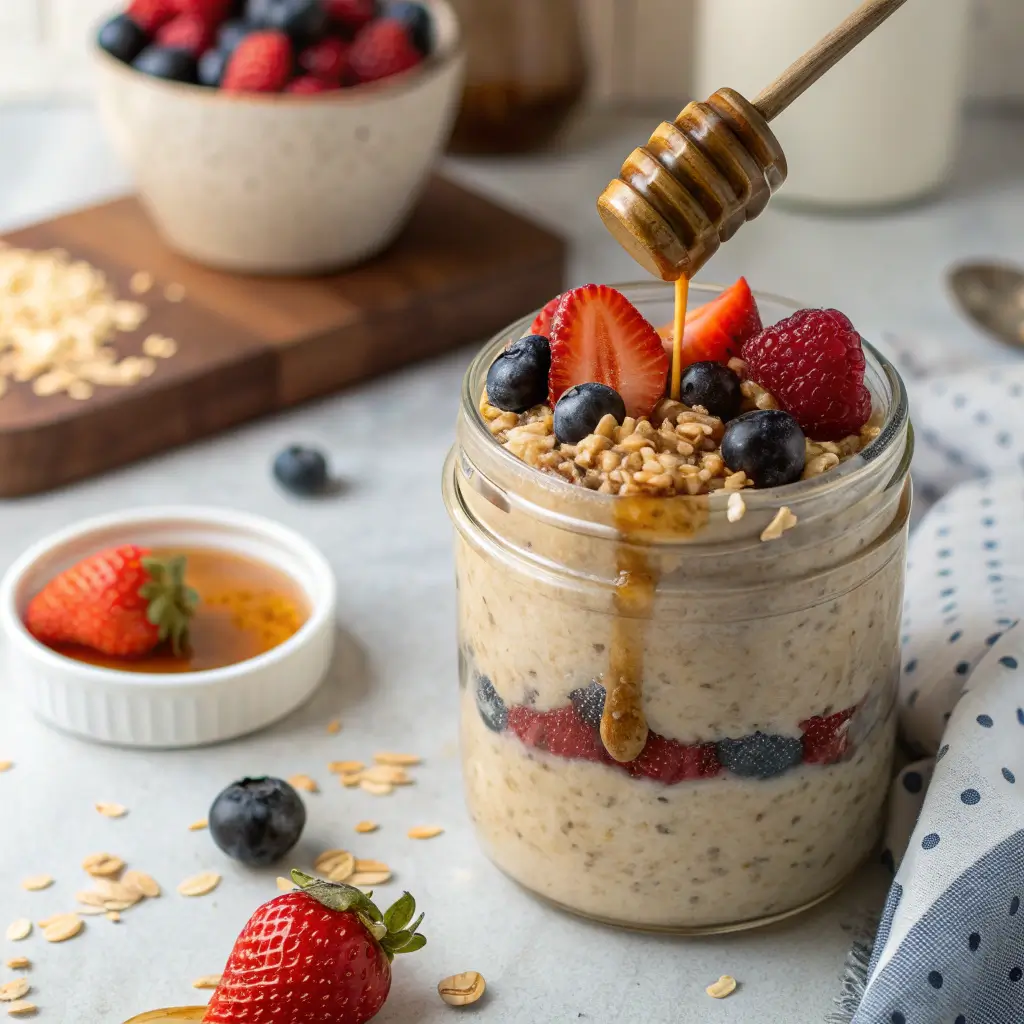 overnight peanut butter powder oats with berries and honey