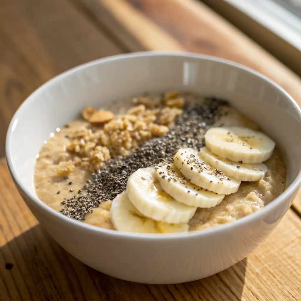 peanut butter powder oats with bananas and chia seeds