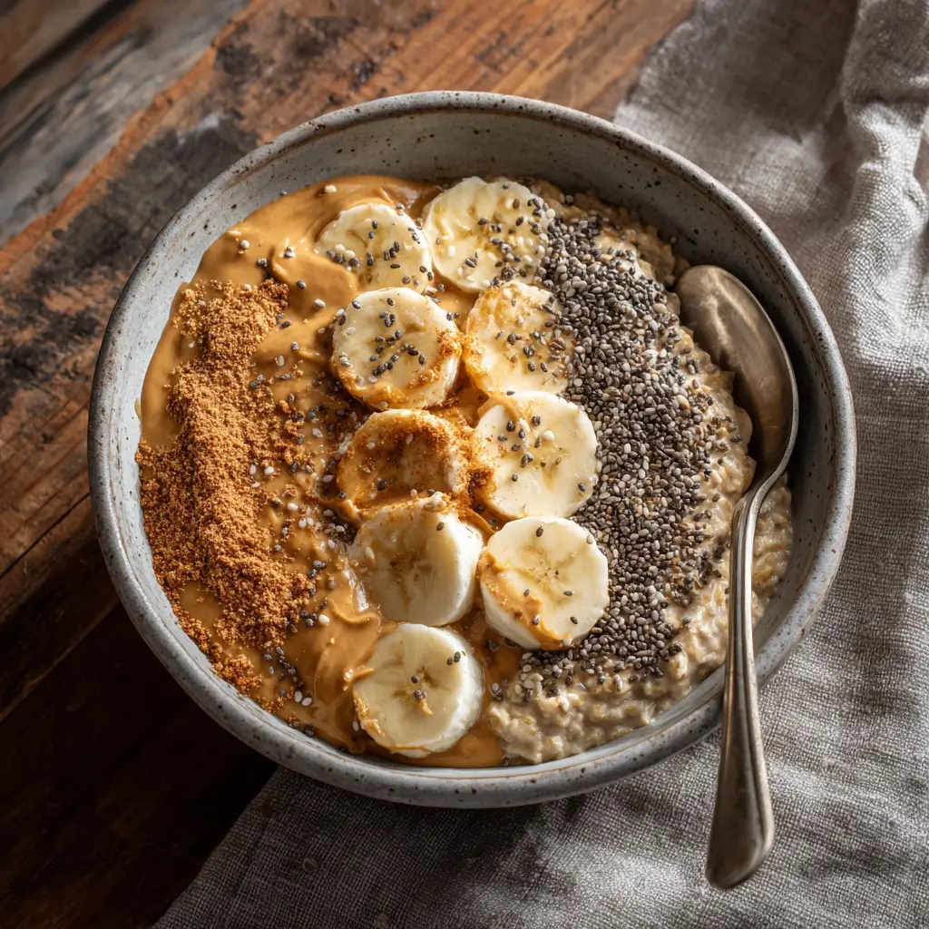 High-protein peanut butter powder oats topped with banana and chia seeds