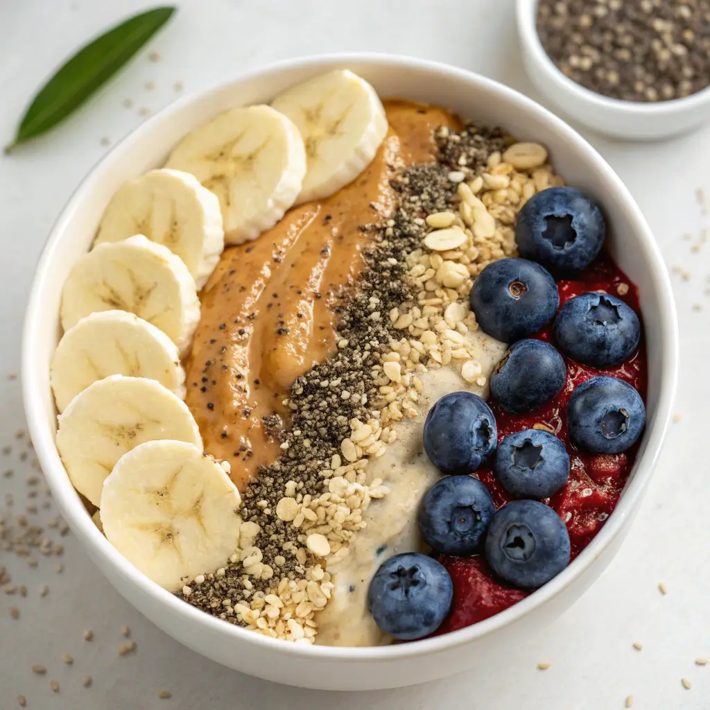 peanut butter powder oats with superfood toppings