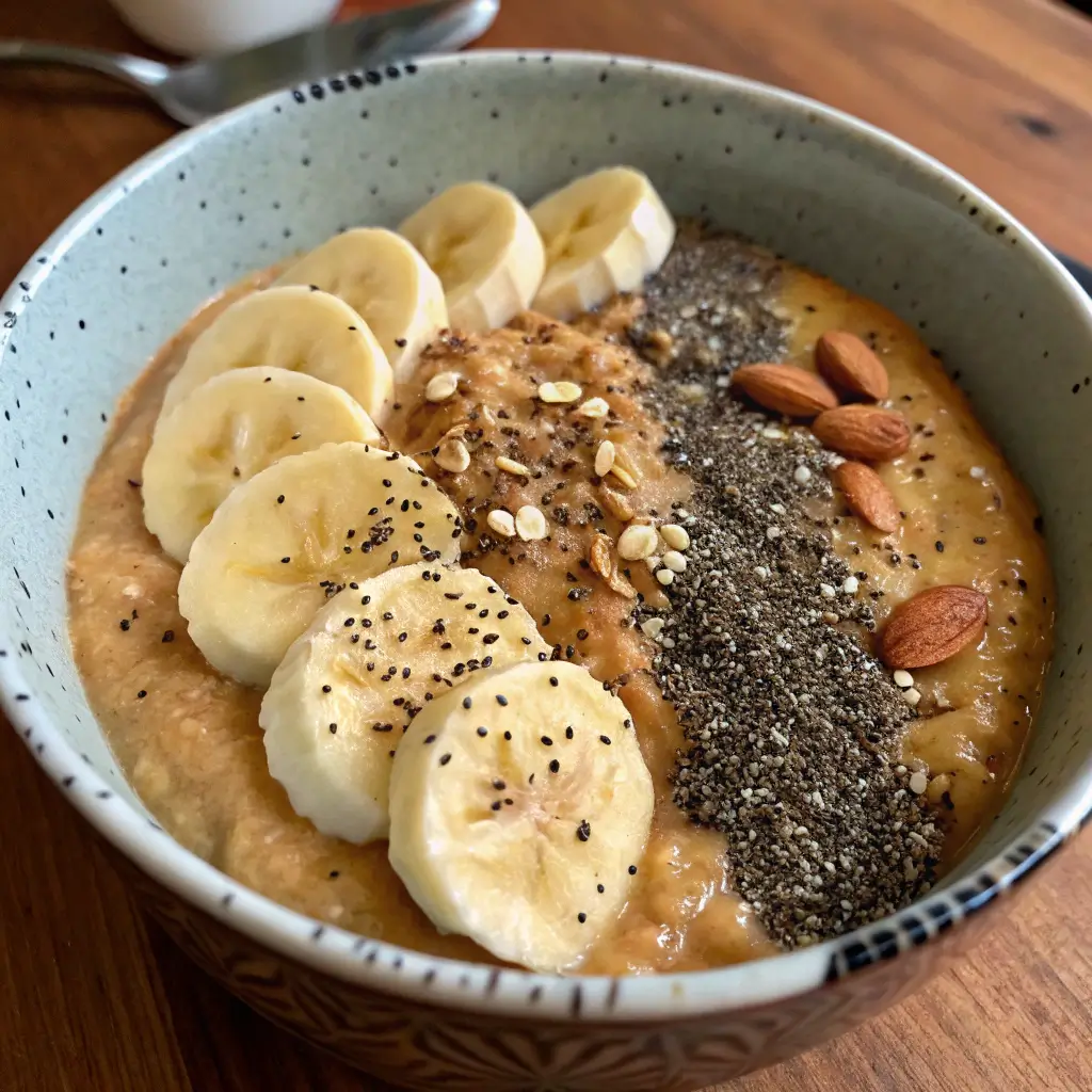 peanut butter protein nootropic morning oats with banana and chia