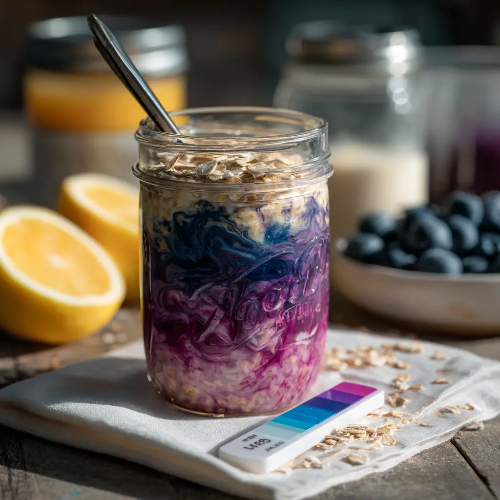 Ph Indicator Oats reacting with pH indicator, showing color change from acidic to alkaline