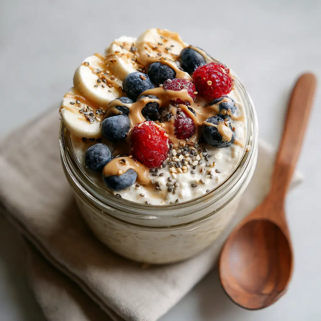 Creamy plant whey overnight oats topped with fresh berries, chia seeds, and almond butter