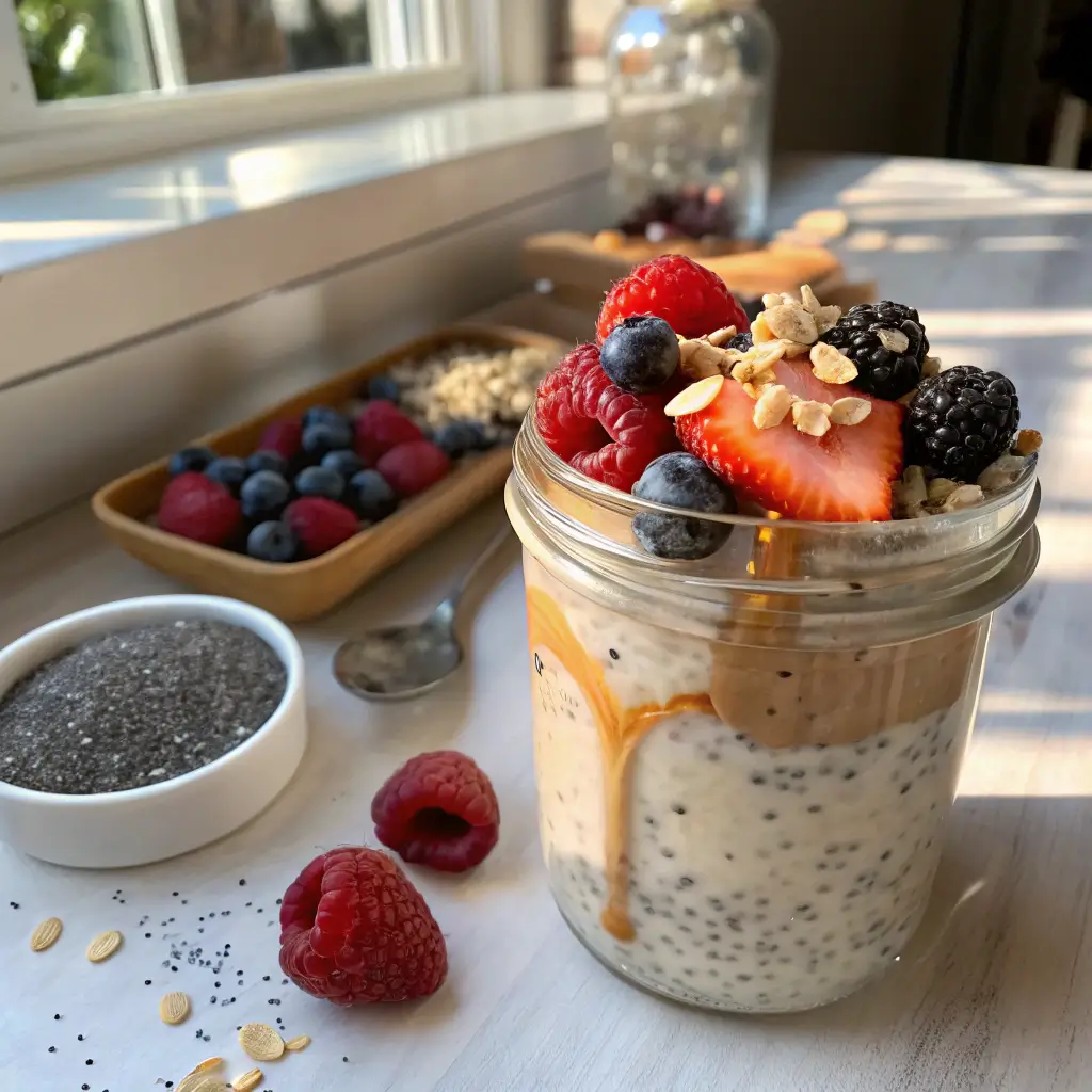 Creamy plant whey overnight oats with berries and chia seeds