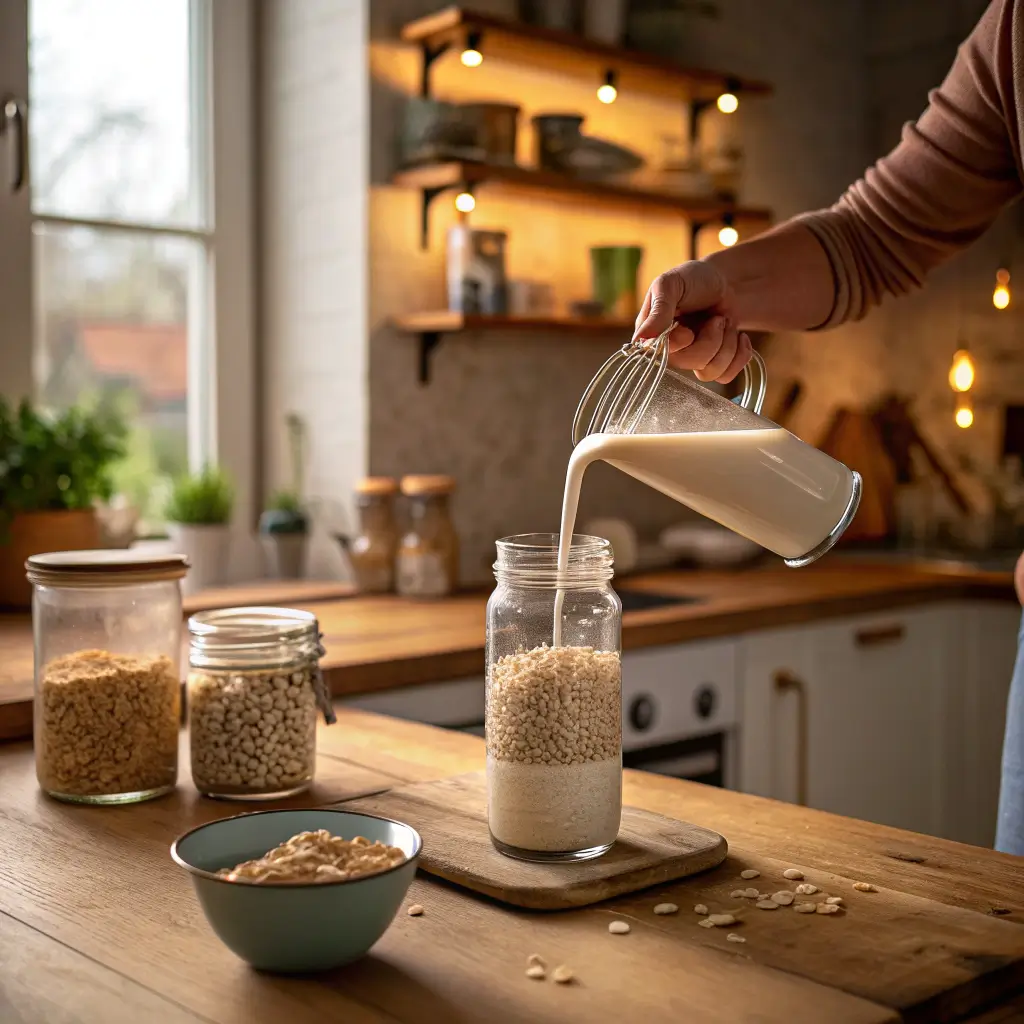 pouring almond milk into collagen overnight oats jar
