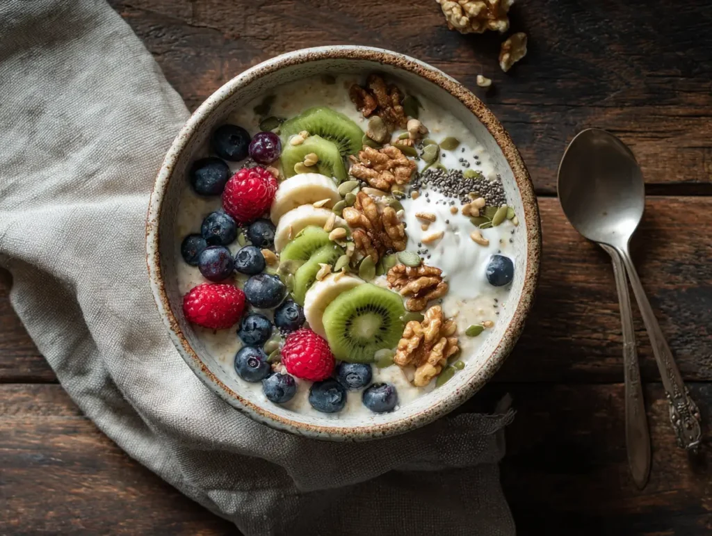 Prebiotics and probiotics breakfast bowl with oats, banana, yogurt, berries, and walnuts