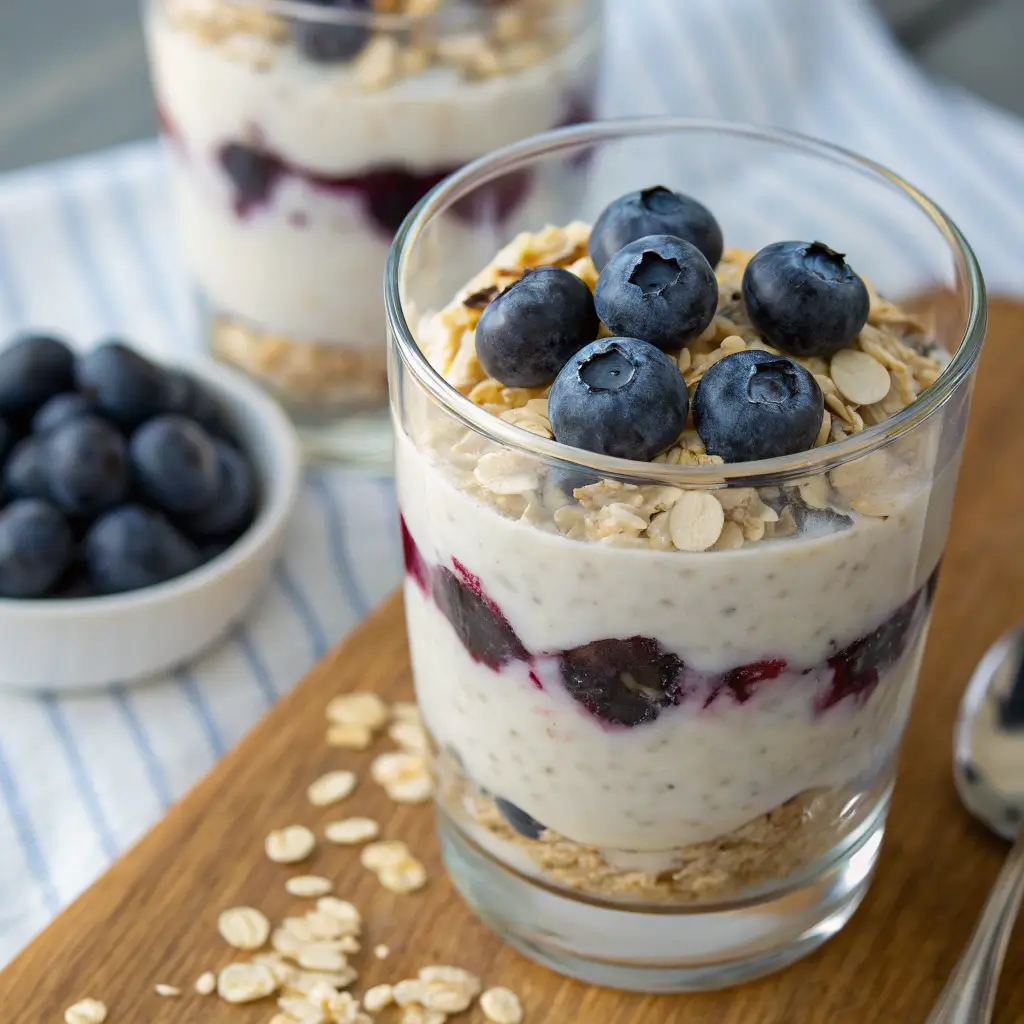 probiotic overnight oats layered with yogurt and blueberries
