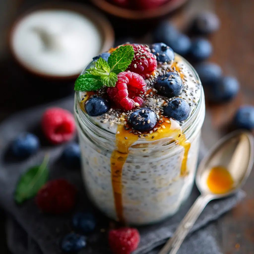 Probiotic overnight oats in a glass jar topped with fresh berries, honey, and chia seeds