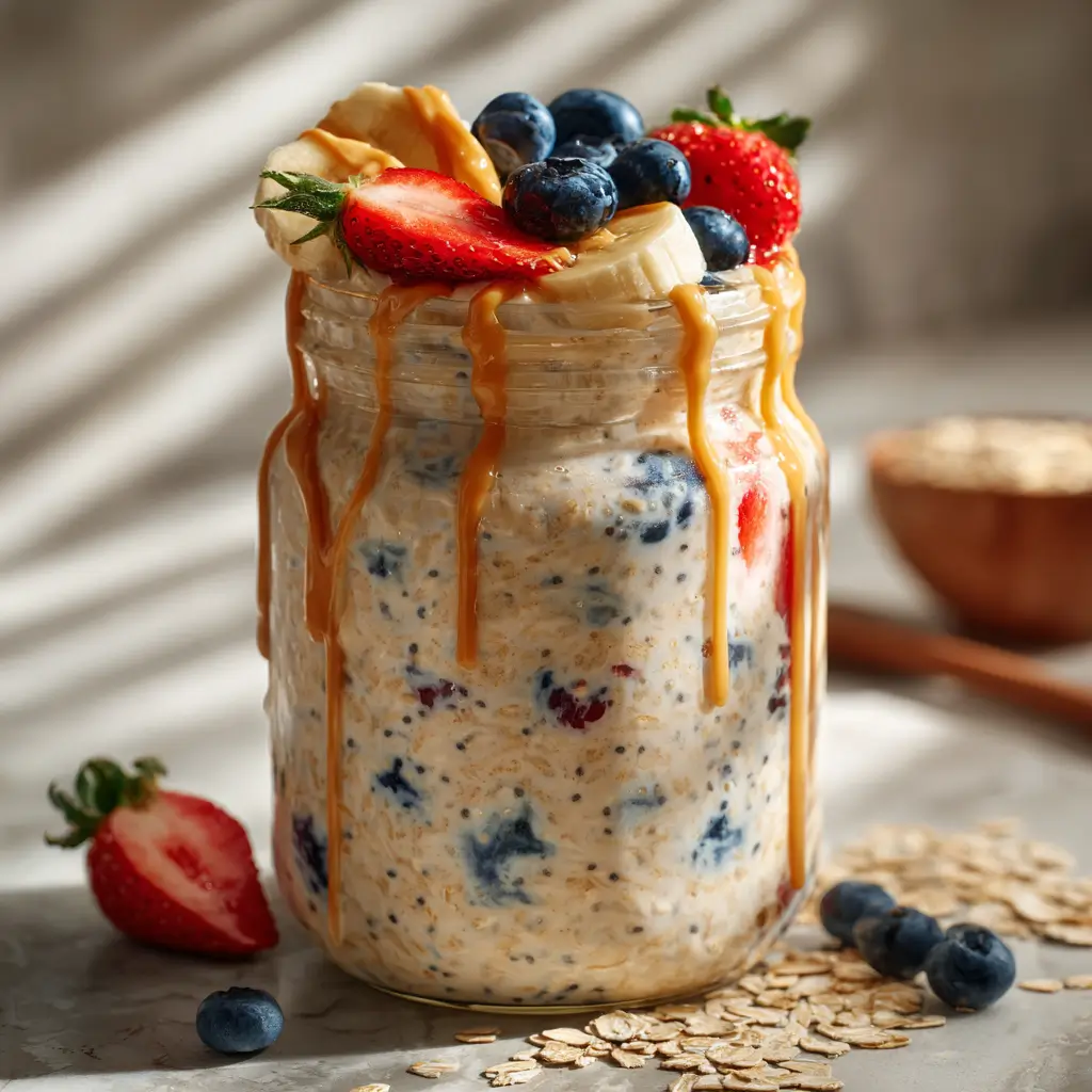 Protein Overnight Oats in a Jar with Fresh Fruit and Almond Butter