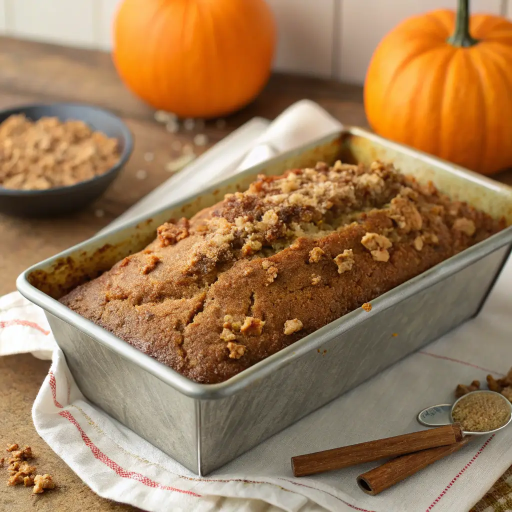Pumpkin Banana Loaf batter in loaf pan with streusel topping