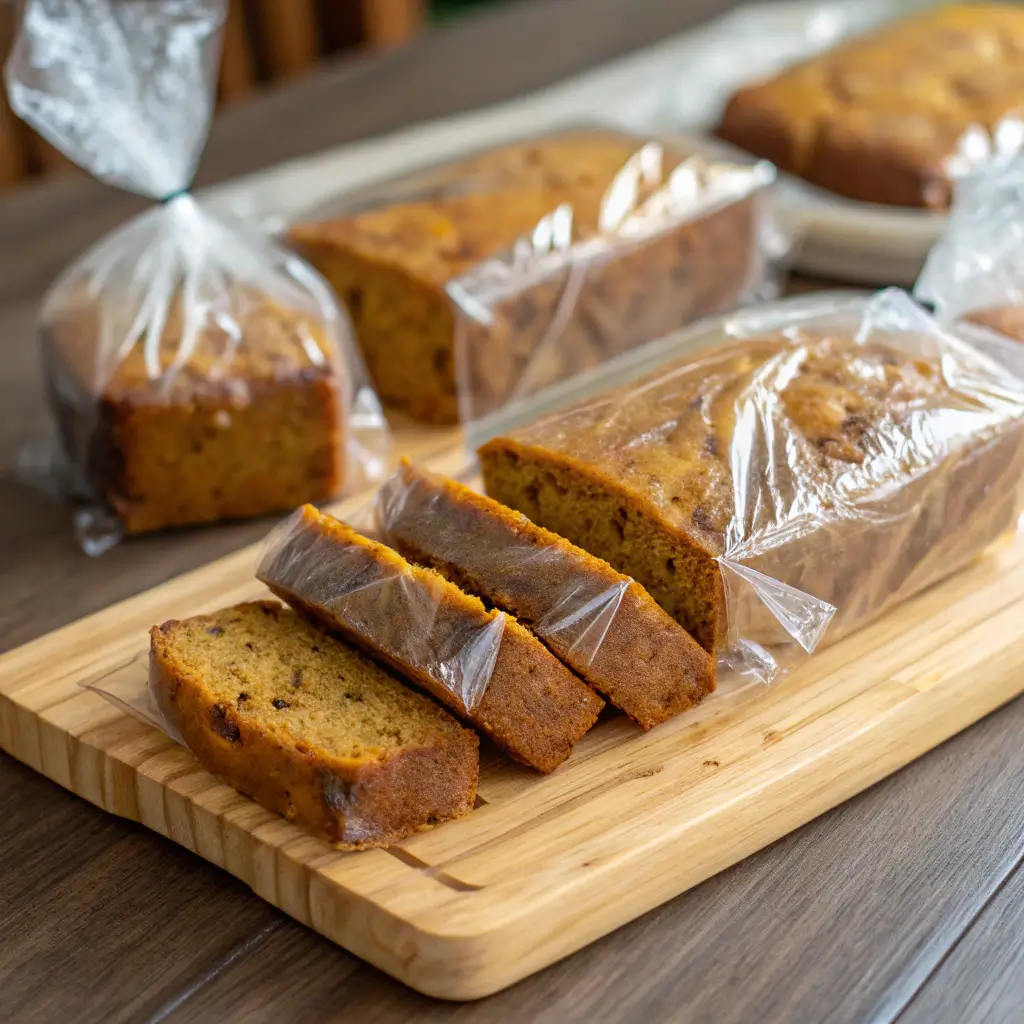 Wrapped Pumpkin Banana Loaf slices for freezer storage