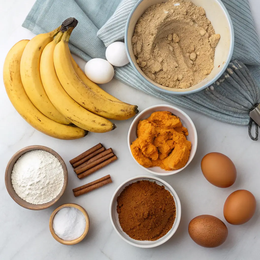 Pumpkin Banana Loaf ingredients on a kitchen counter