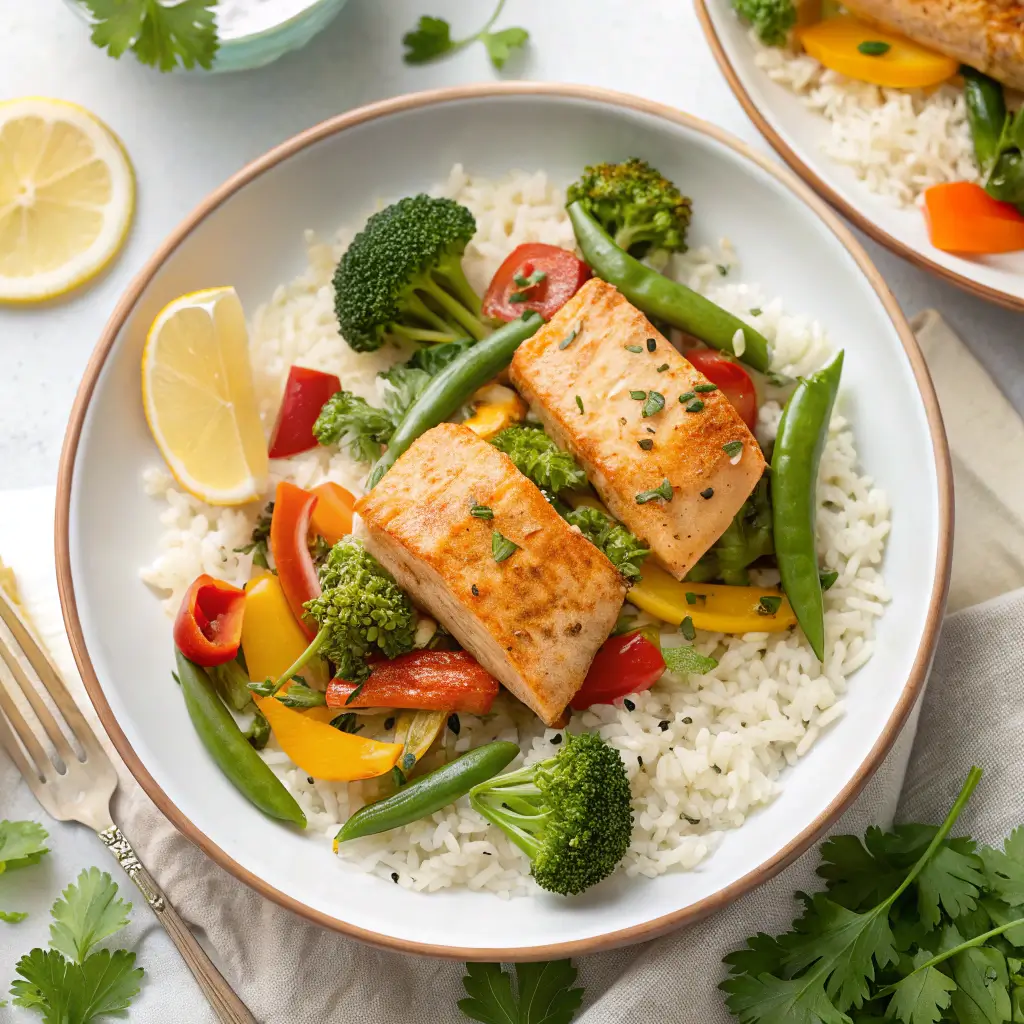 Salmon recipe bites with basmati rice and vegetables