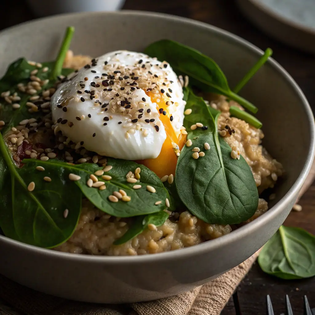 Savory fermented oats with poached egg and spinach