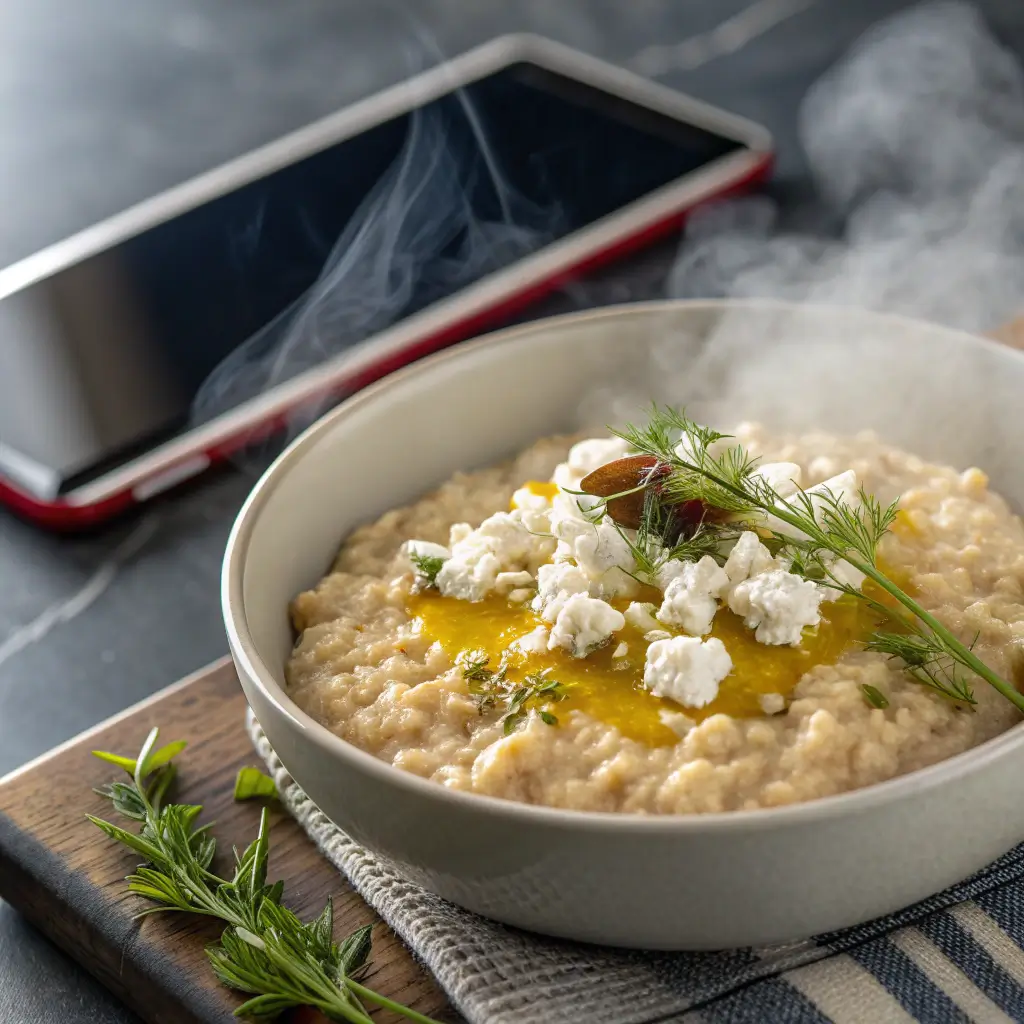 Savory liquid nitrogen oats with feta and herbs