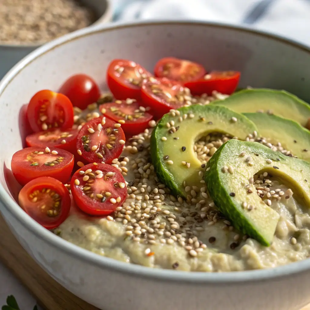 savory probiotic overnight oats with avocado and tomatoes