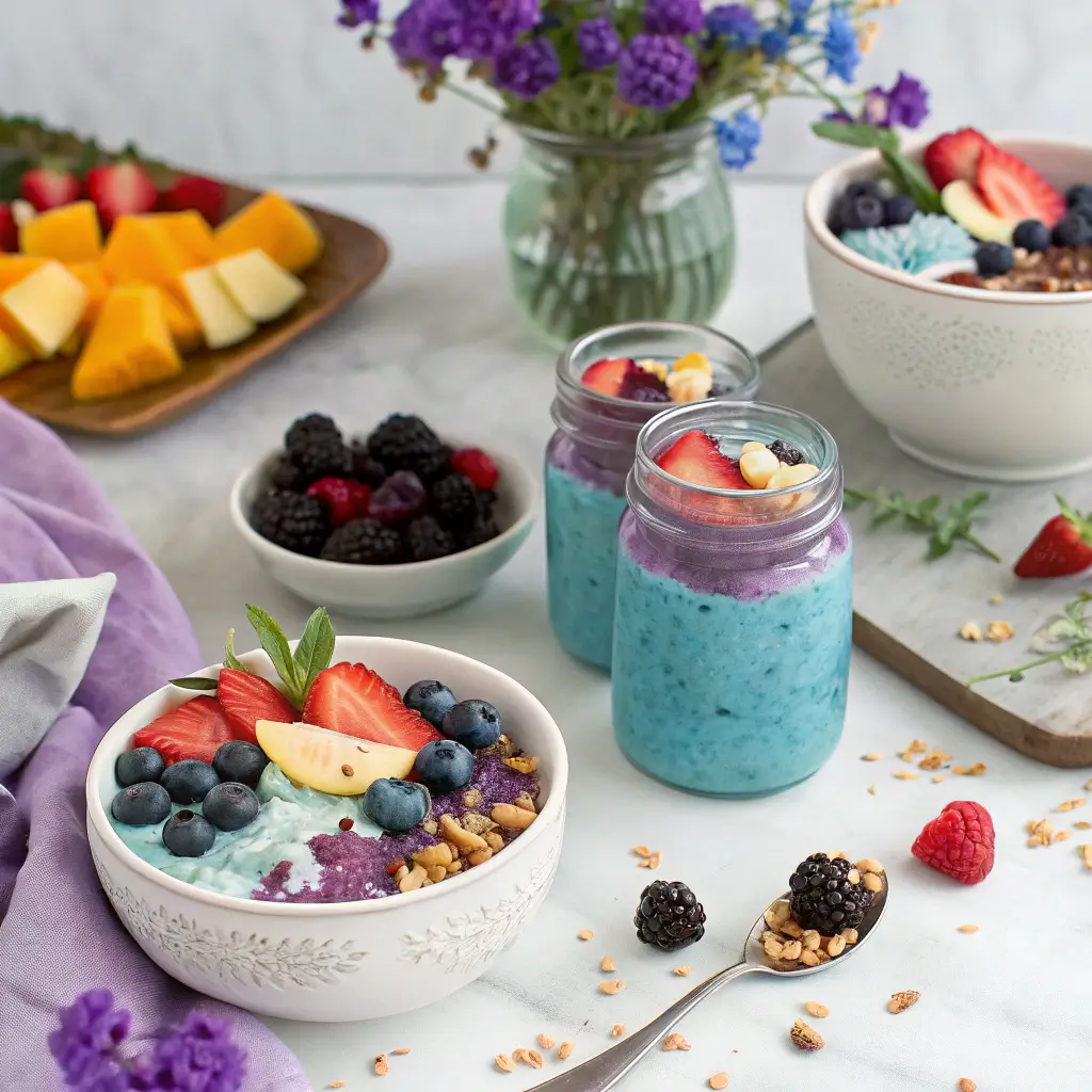 serving ideas for color-changing butterfly pea overnight oats