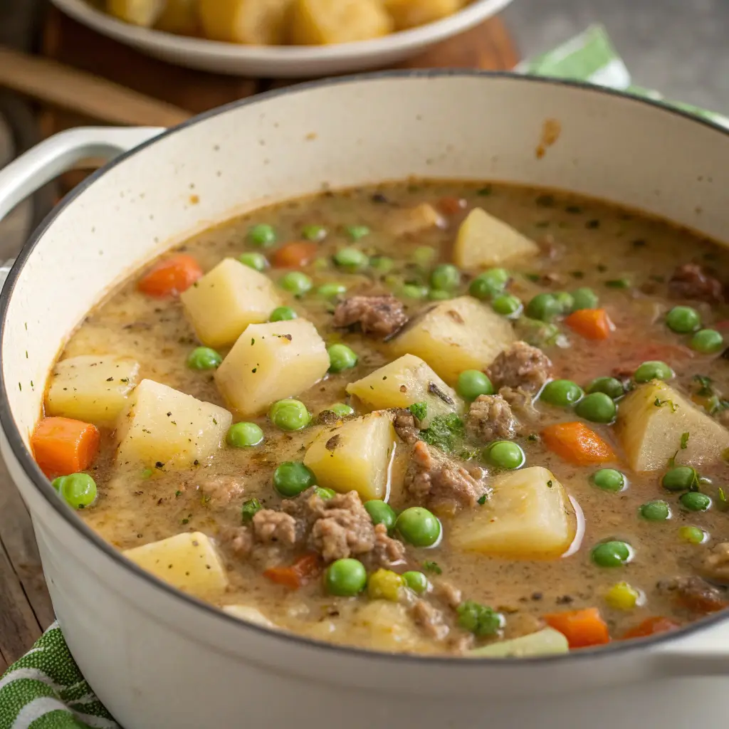 shepherd’s pie soup cooking in dutch oven with vegetables