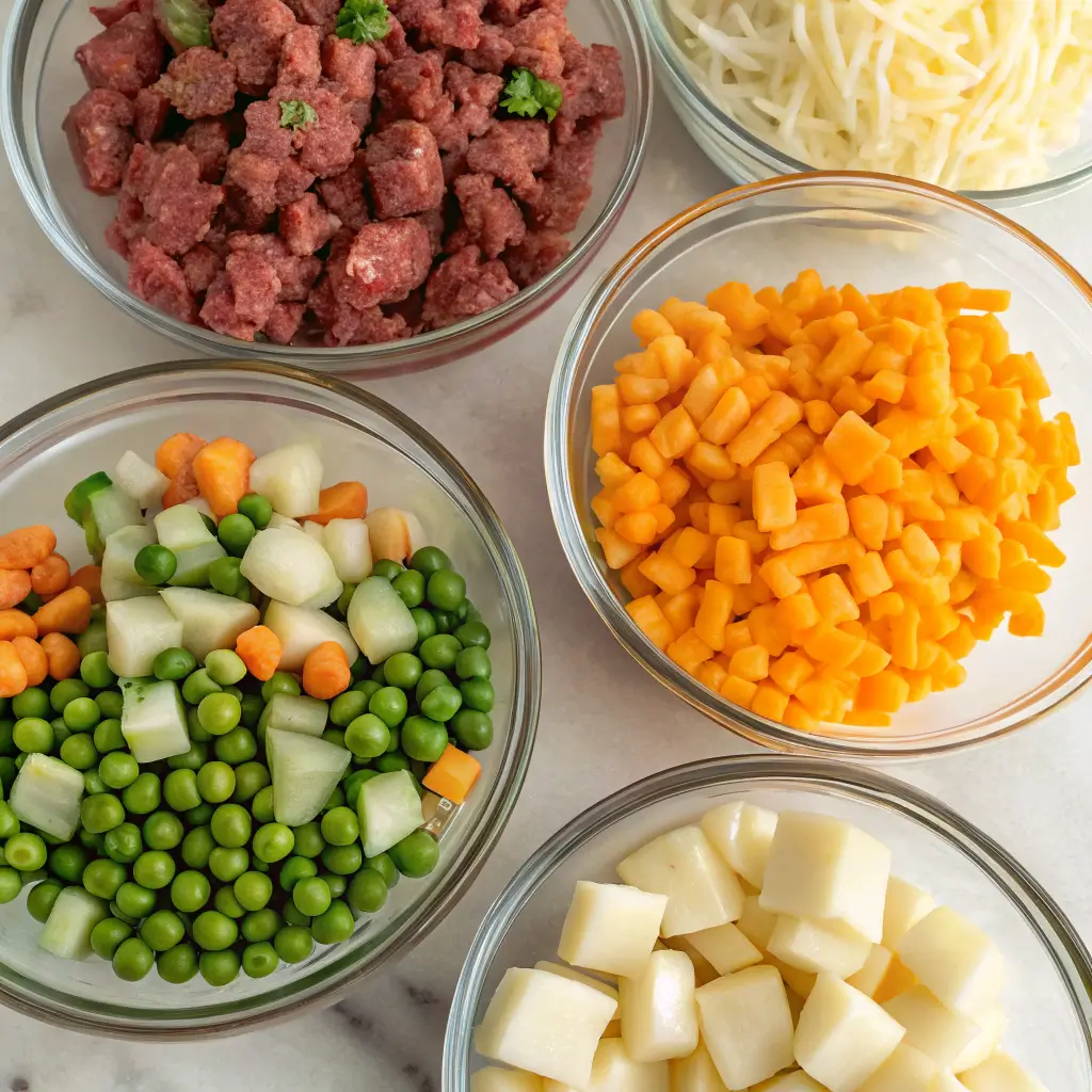 ingredients for shepherd’s pie soup laid out in glass bowls