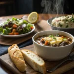 shepherd’s pie soup served with bread and salad