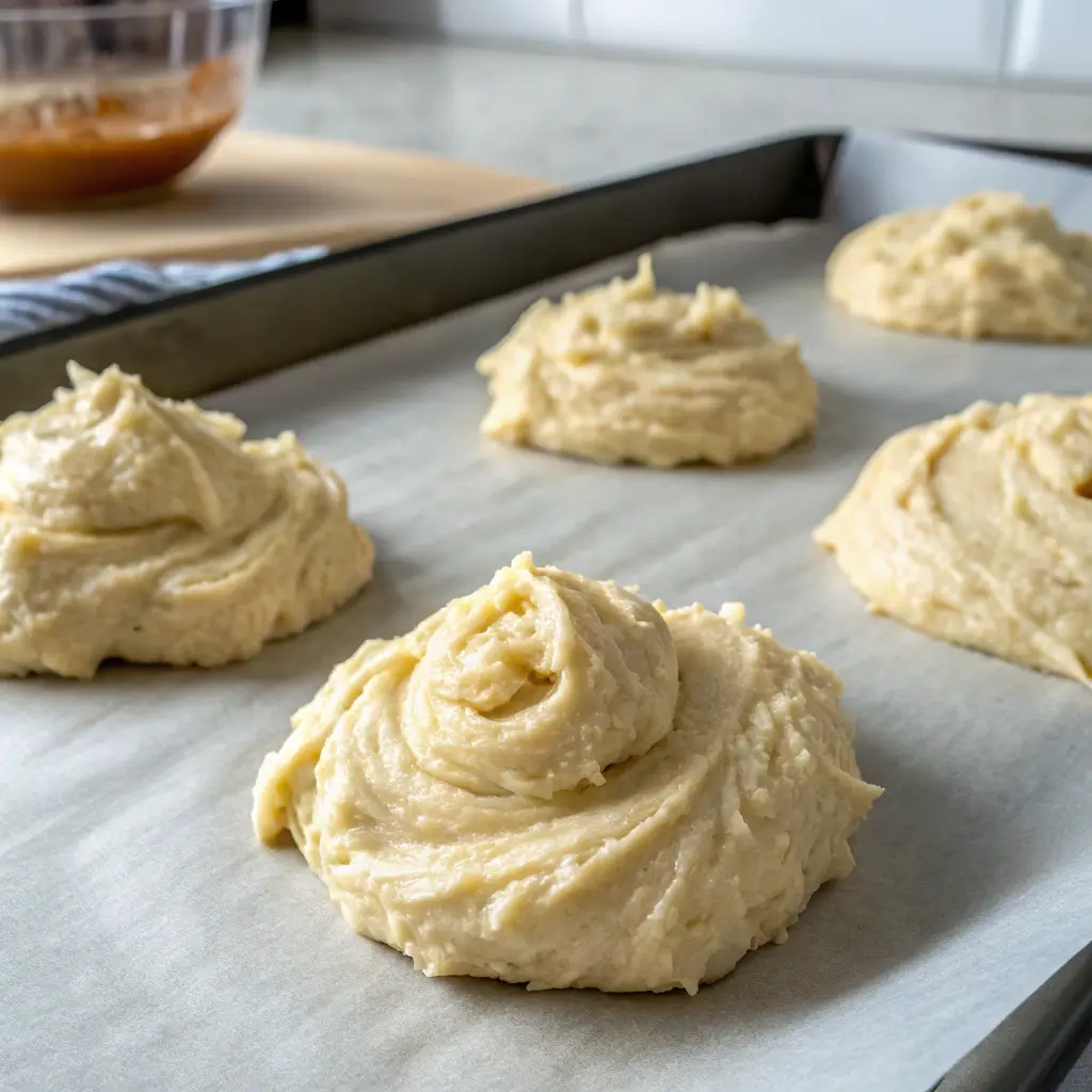 Sour cream cookie dough scooped and ready to bake