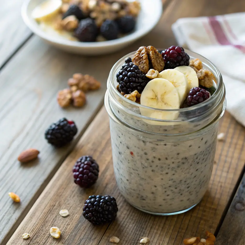 spherified chia overnight oats with banana and berries
