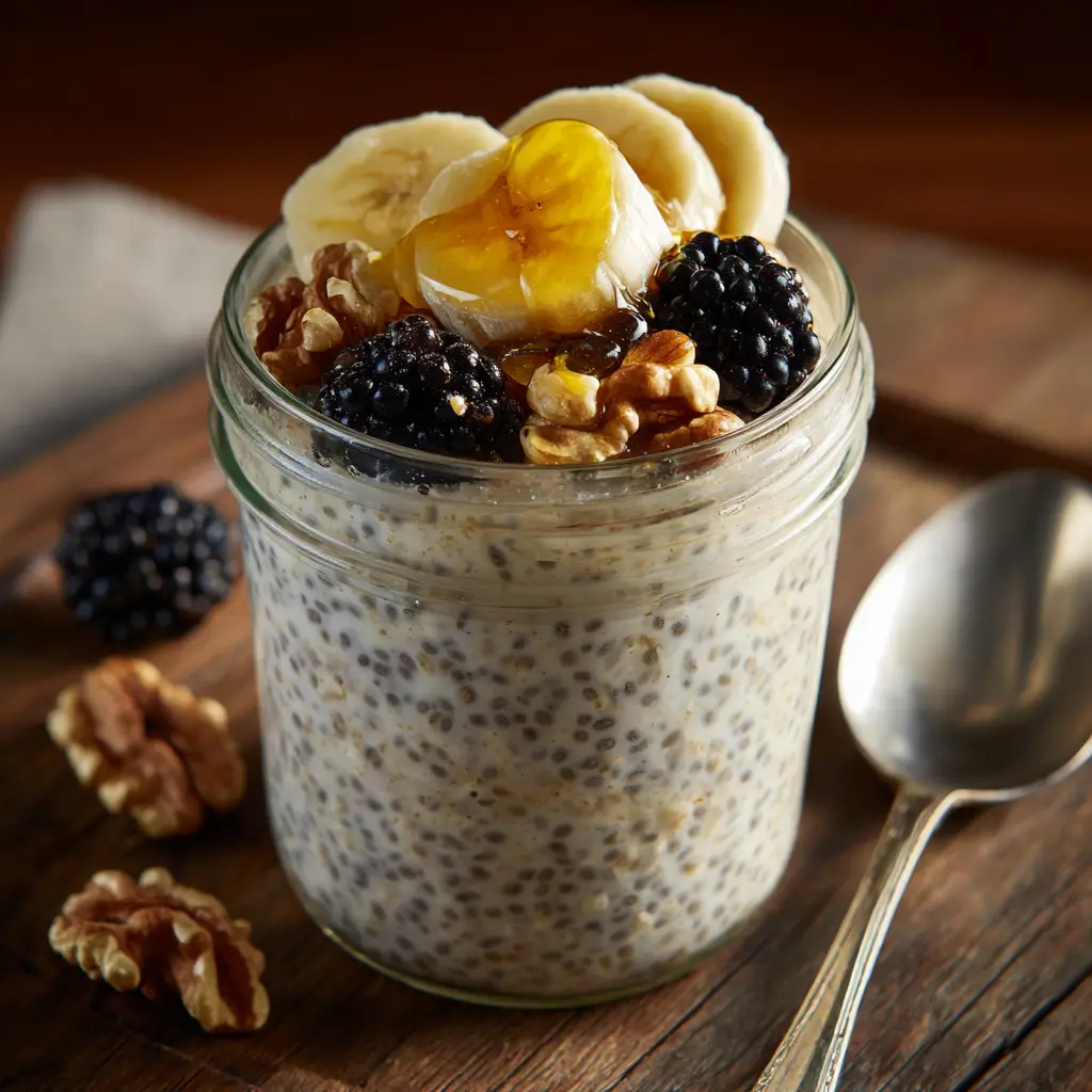 Spherified chia overnight oats with banana, berries, and walnuts