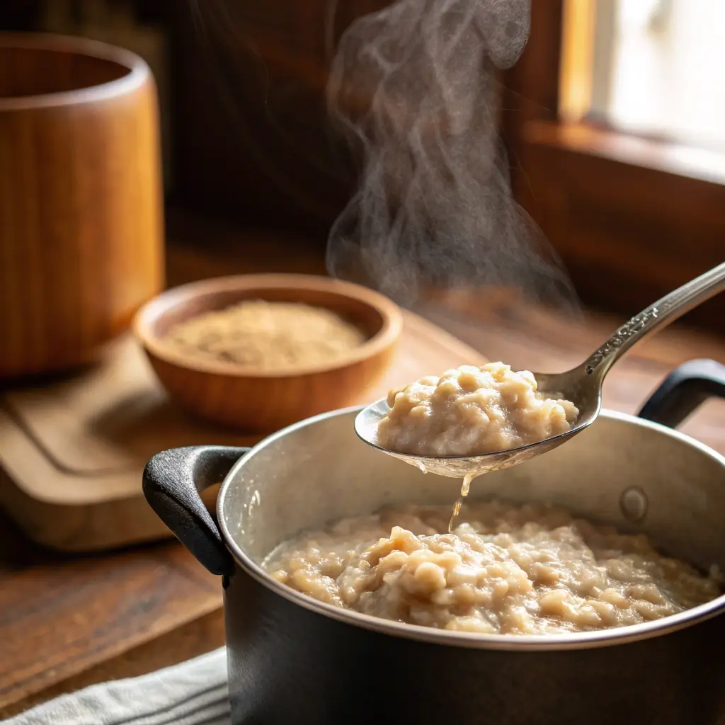 Spoon scooping creamy fermented oats from saucepan
