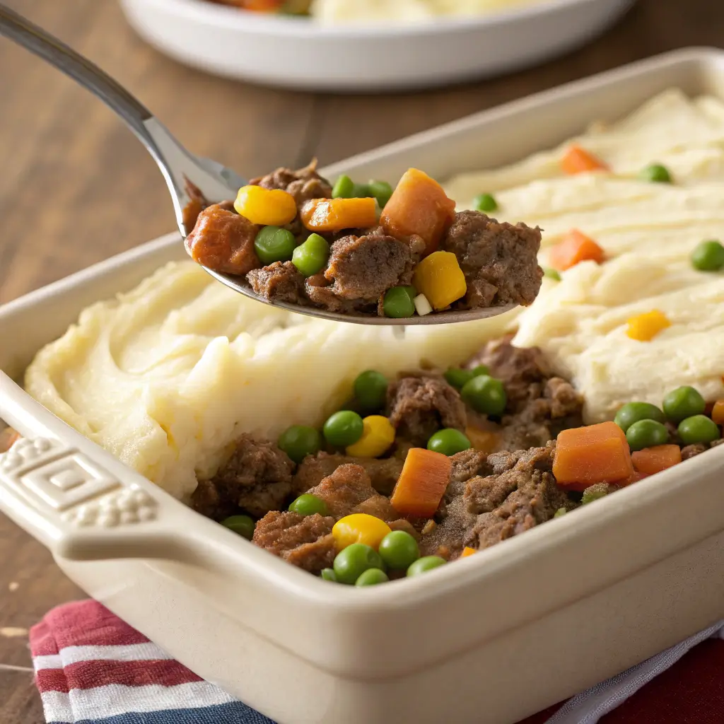 Spreading Velveeta mashed potatoes in shepherd’s pie recipe