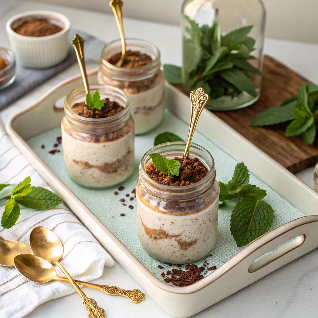 Tiramisu overnight oats served on a brunch tray