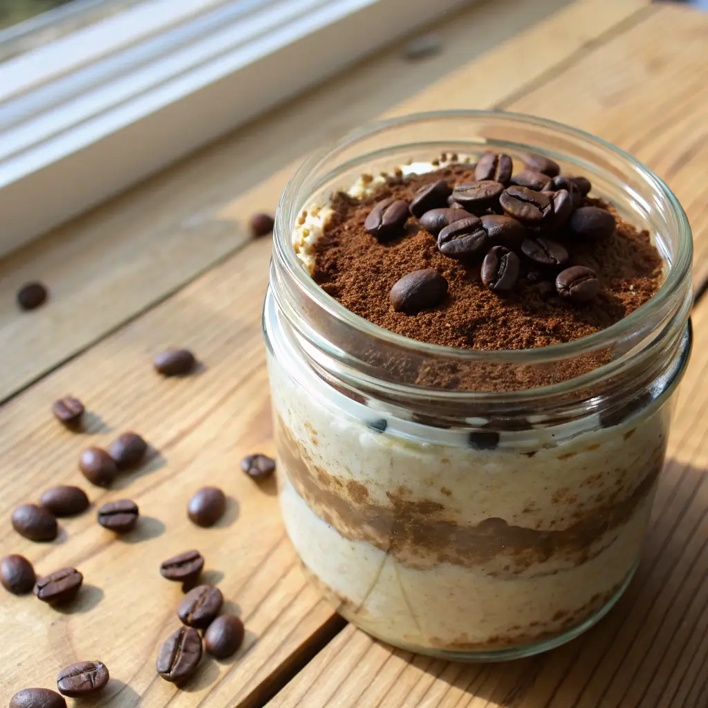 Tiramisu overnight oats in glass jar topped with cocoa powder