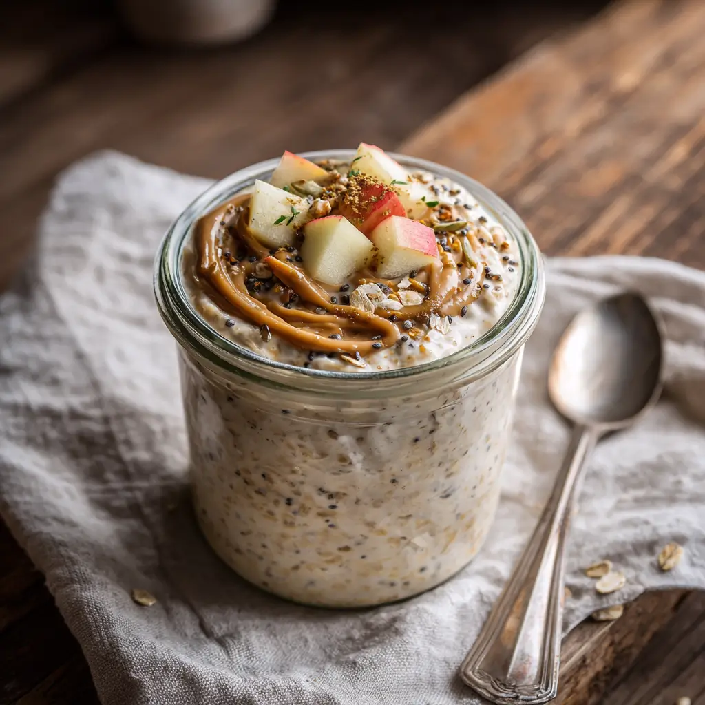 Vegan no-powder overnight oats in a jar with apples, chia seeds, hemp hearts, and peanut butter