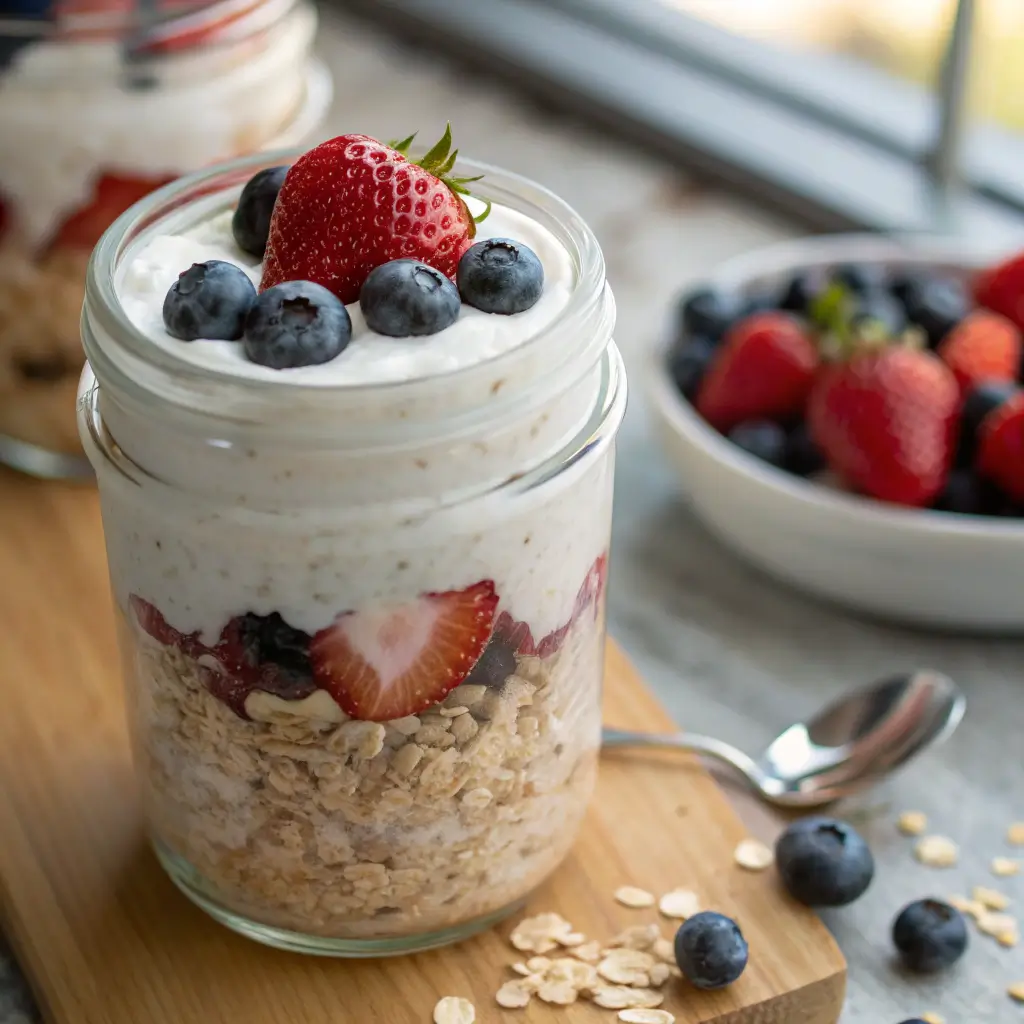 whipped foam overnight oats breakfast jar with berries