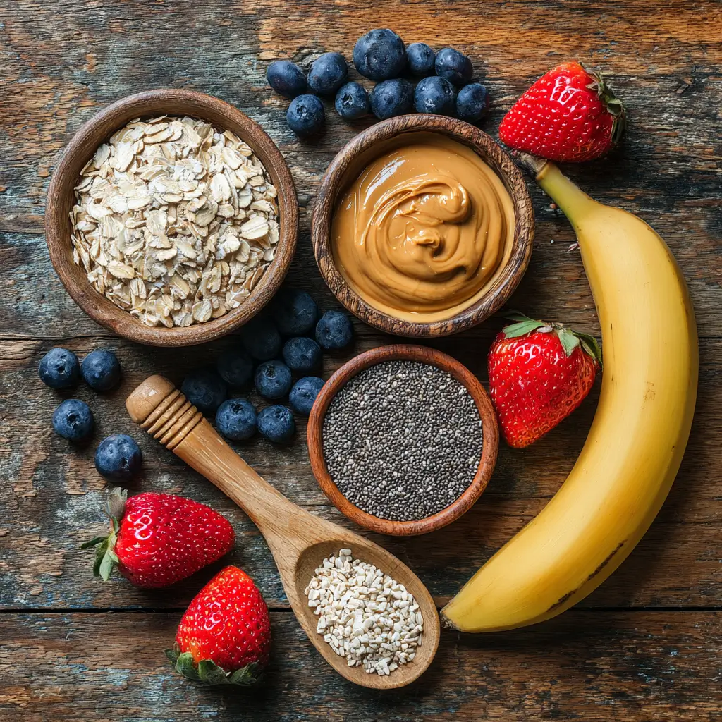 Ingredients for banana berry overnight oats laid out on a table