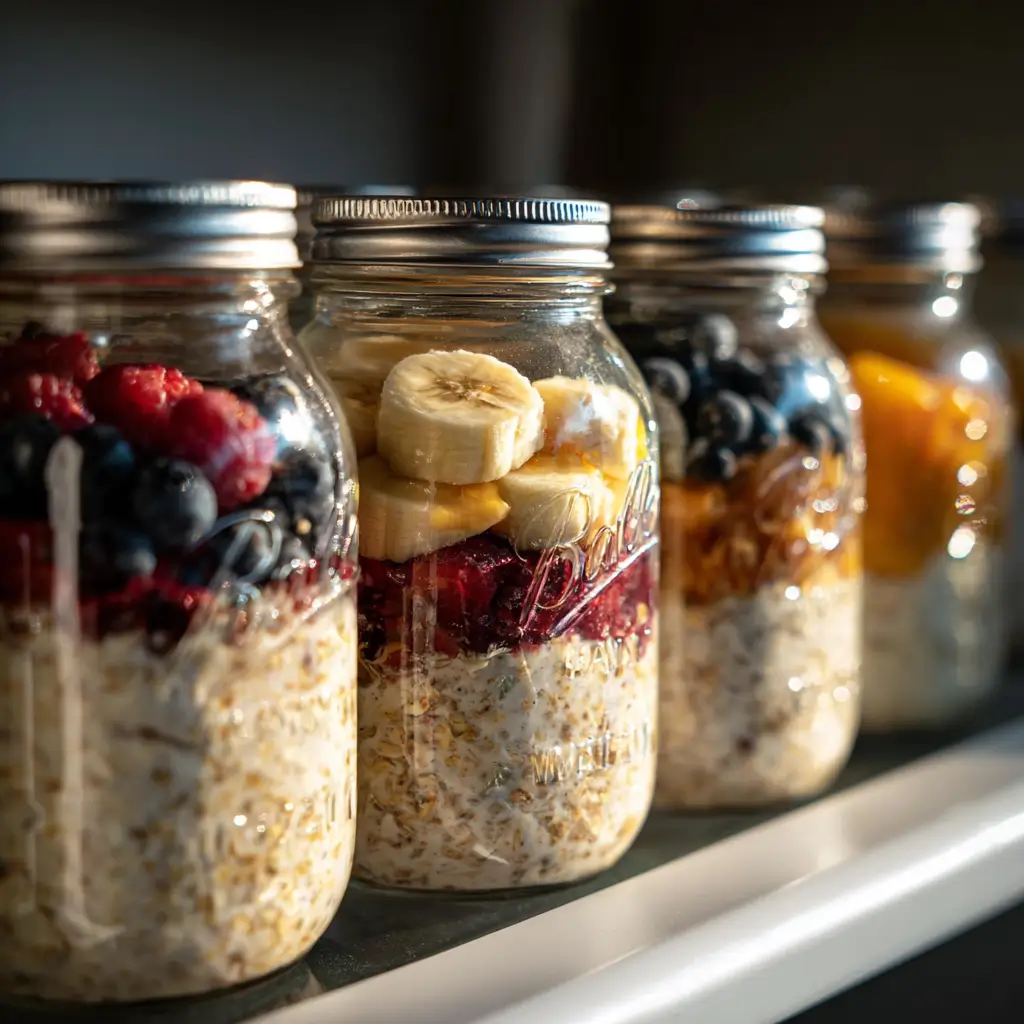 Meal prep jars of banana berry overnight oats stored in fridge
