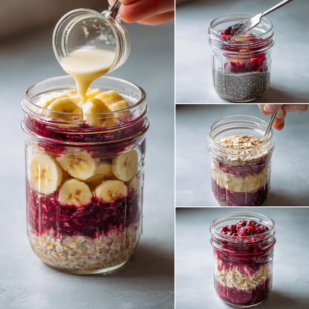 Step-by-step preparation of banana berry overnight oats in a jar