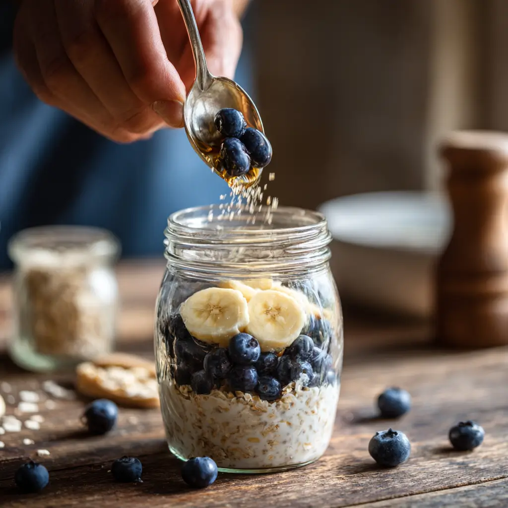Banana and berry WW overnight oats in a jar